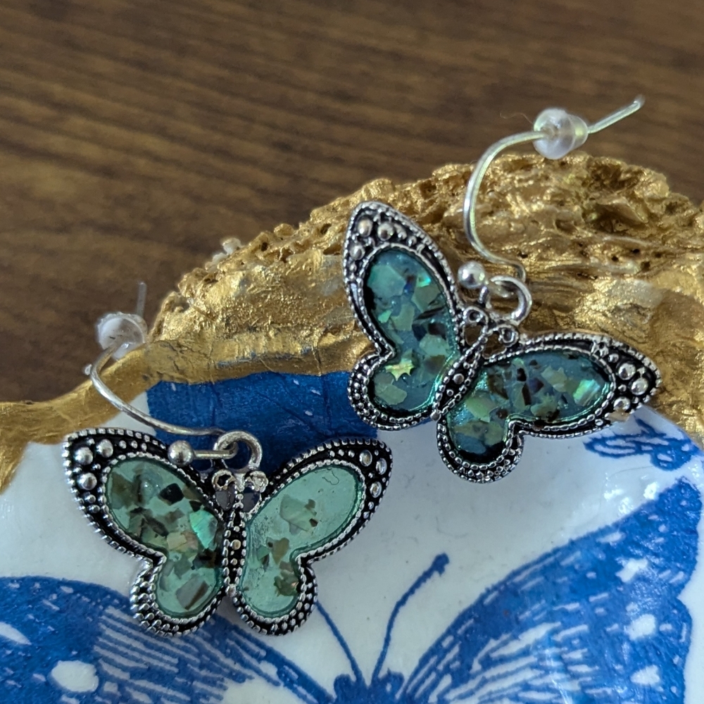 Butterfly Earrings with Green and Silver Accents